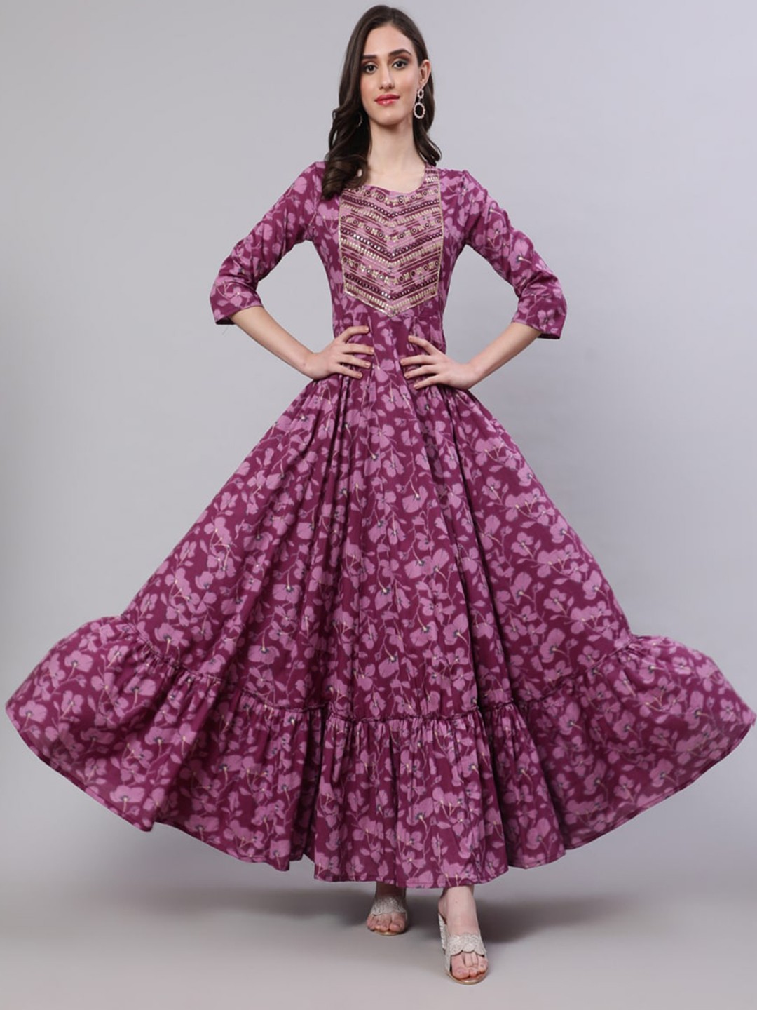 NISHABD Ethnic Motifs Mirror Work Pure Cotton Anarkali Kurta, Purple