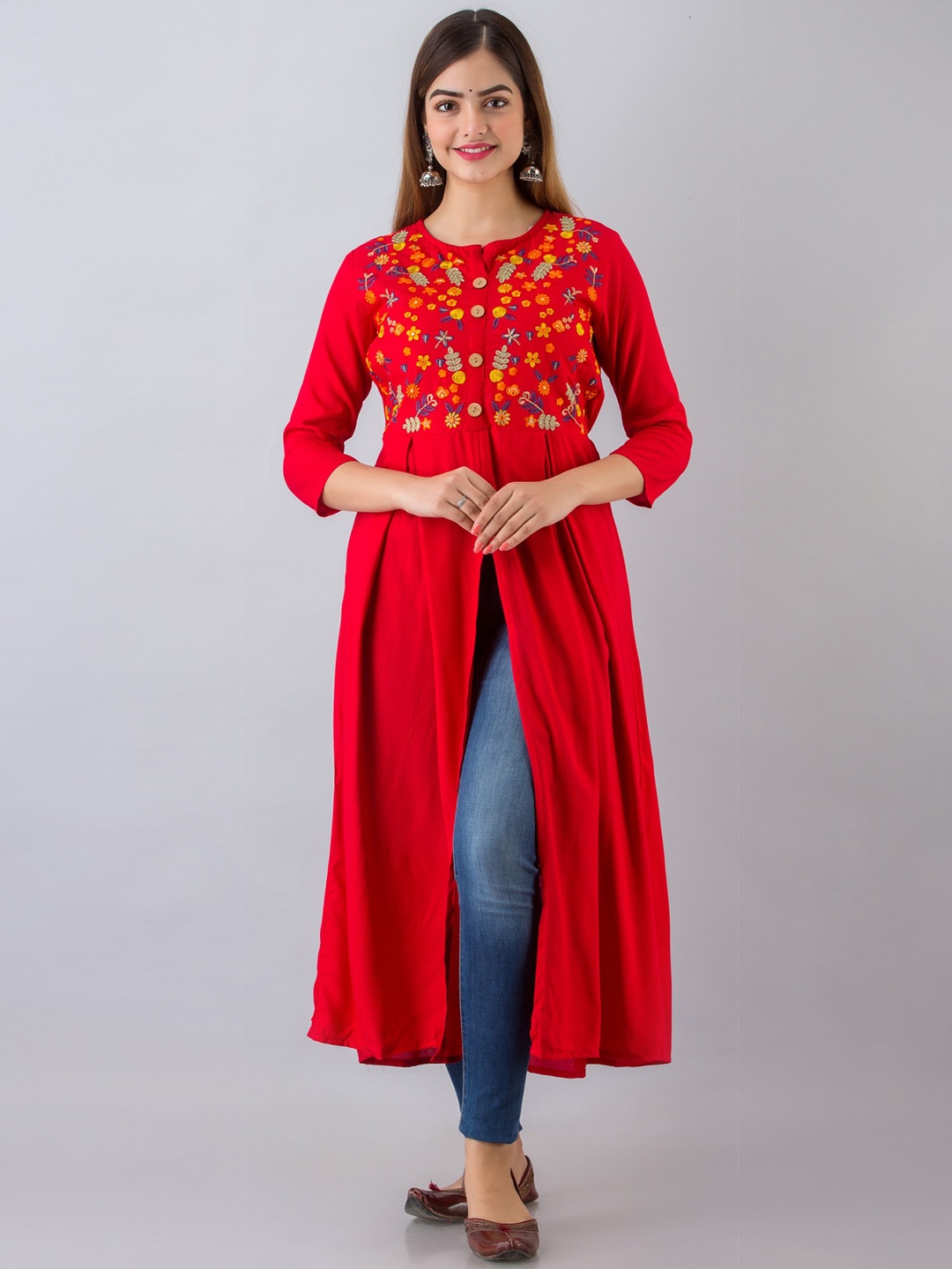 

NISHABD Floral Embroidered Thread Work Detailed Pleated A-Line Kurta, Red