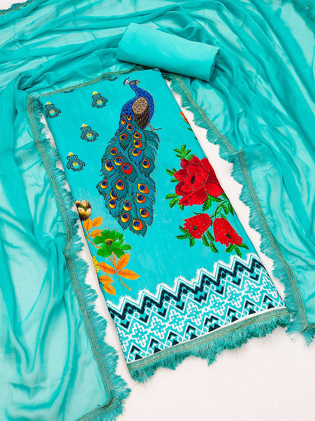 

KALINI Ethnic Motifs Printed Unstitched Dress Material, Blue