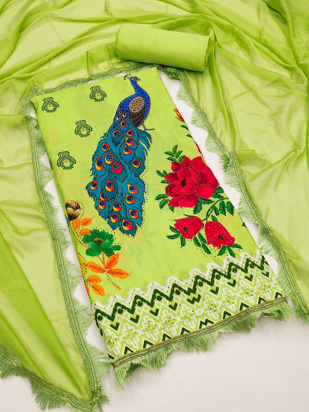 

KALINI Ethnic Motifs Printed Unstitched Dress Material, Green