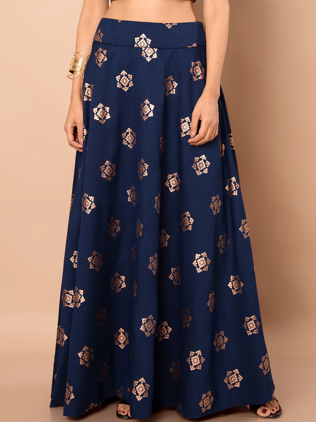 

INDYA Navy Blue Self-Design A-Line Maxi Skirt