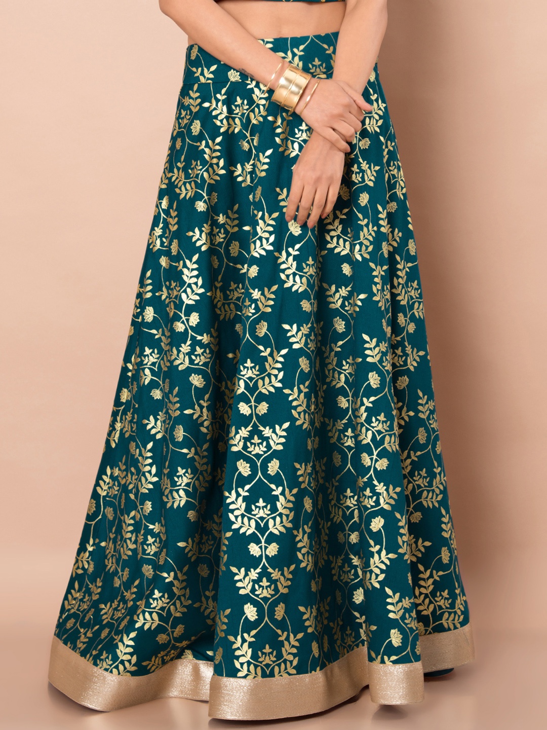 

INDYA Teal Self-Design A-Line Maxi Skirt