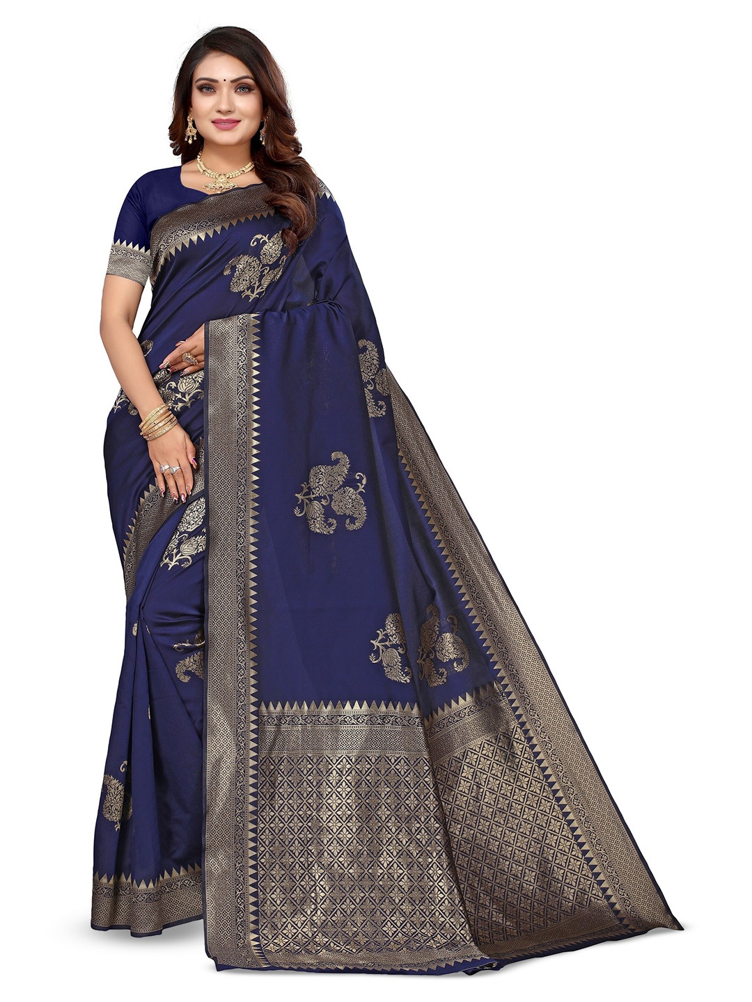 

Varanga Ethnic Motifs Woven Design Zari Banarasi Saree, Navy blue