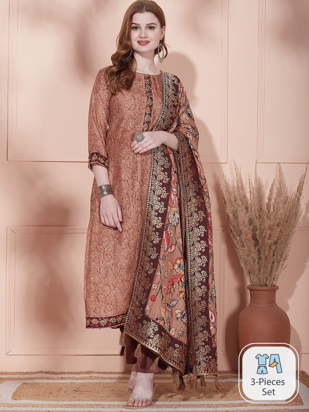 

FASHOR Ethnic Motifs Printed Round Neck Straight Kurta With Dupatta, Brown