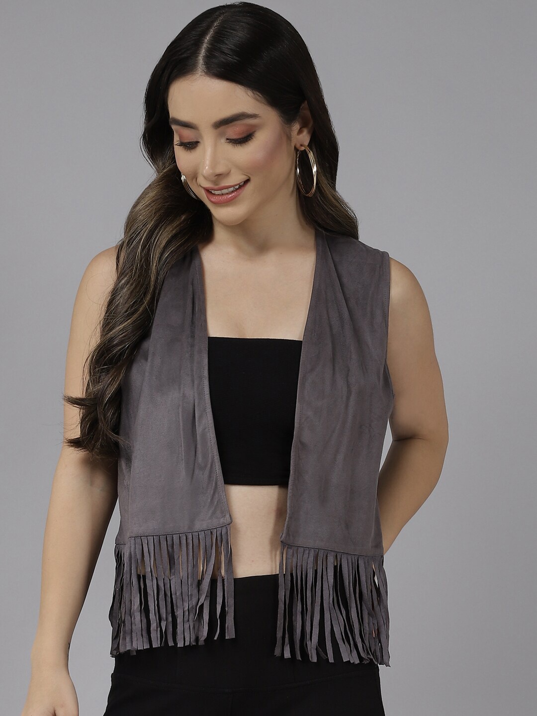 

BAESD Tasselled Crop Open Front Cotton Shrug, Grey