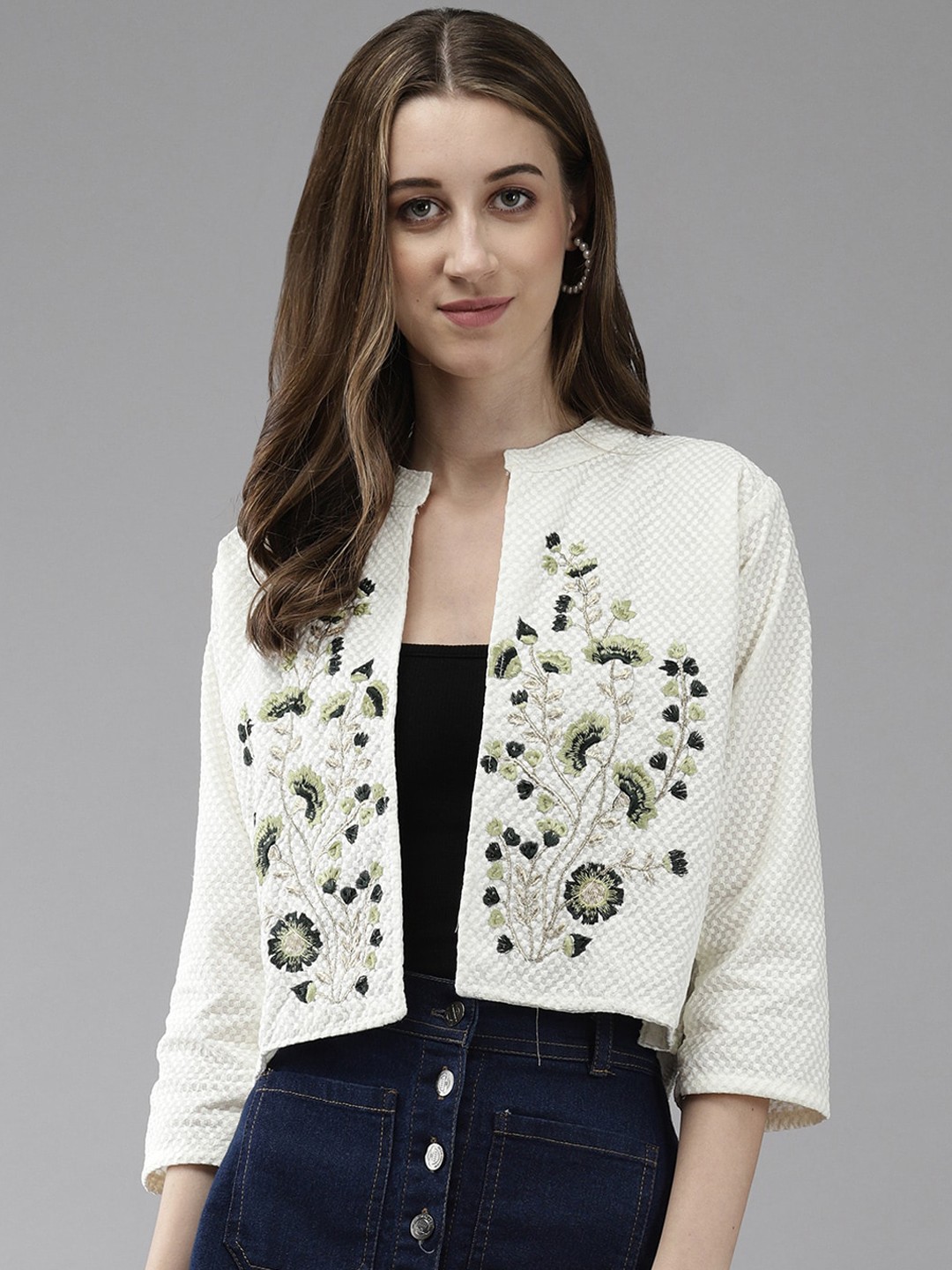 

BAESD Floral Embroidered Cotton Crop Tailored Jacket, Off white