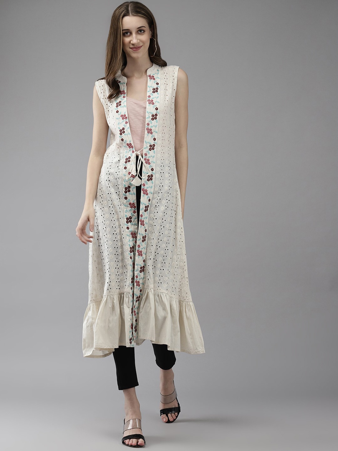 

BAESD Self Design Floral Embroidered Longline Tie Up Shrug, Cream