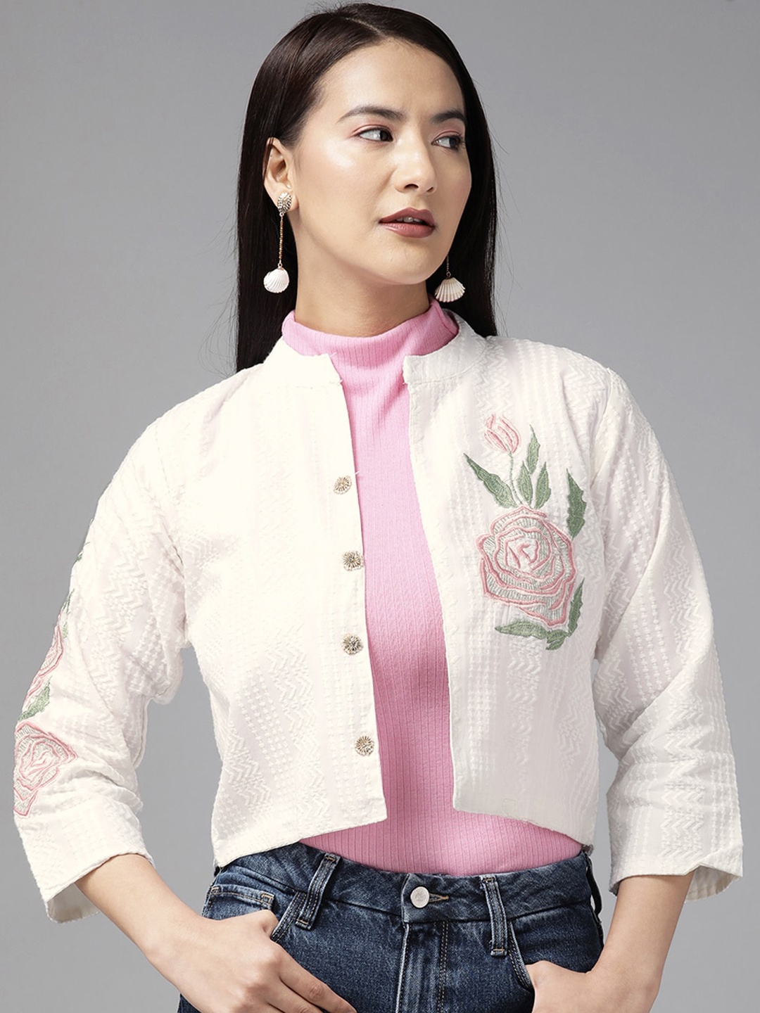 

BAESD Floral Embroidered Cotton Crop Tailored Jacket, White