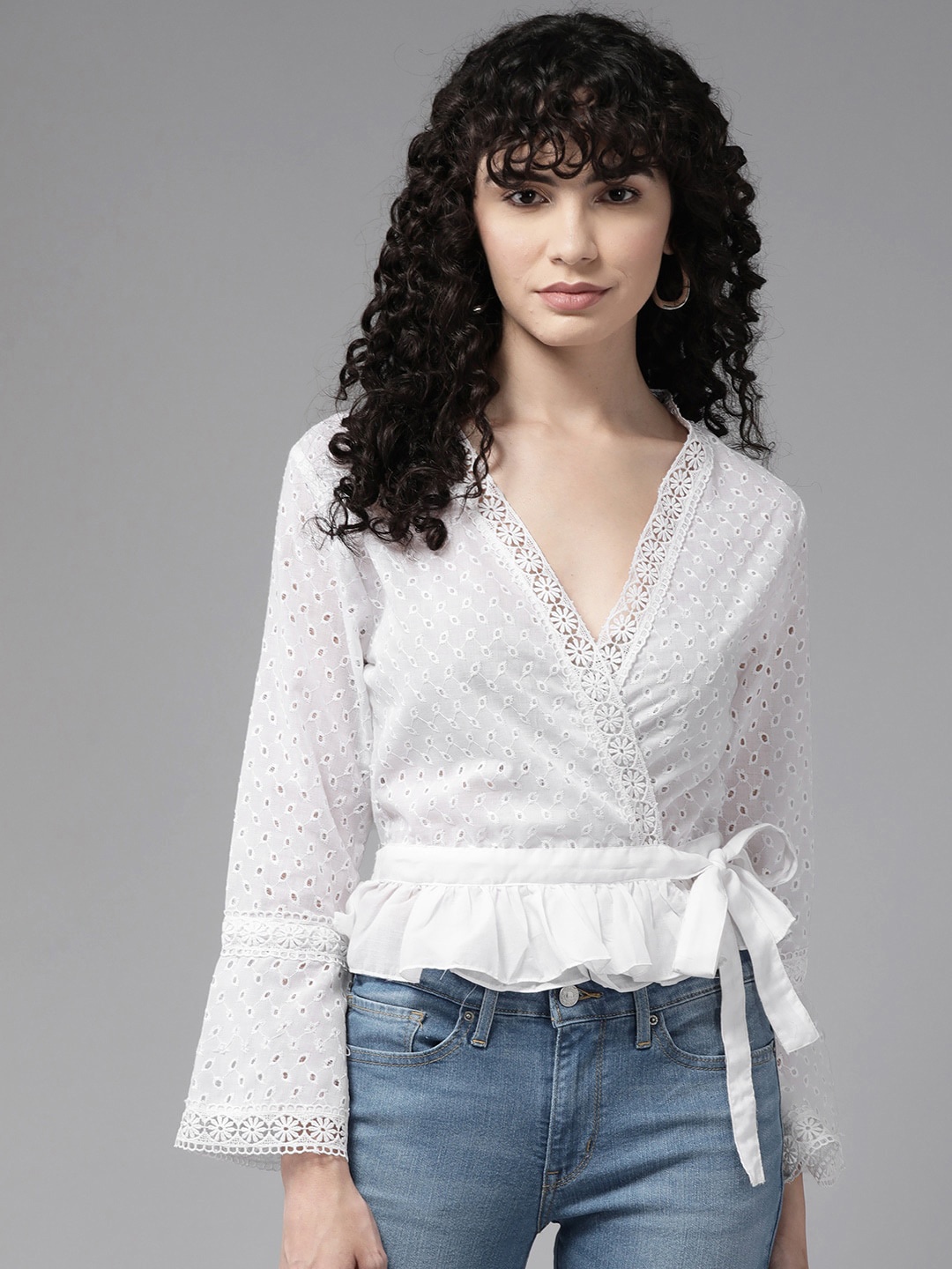 

BAESD Tie-Up Schiffli Cotton Shrug, White