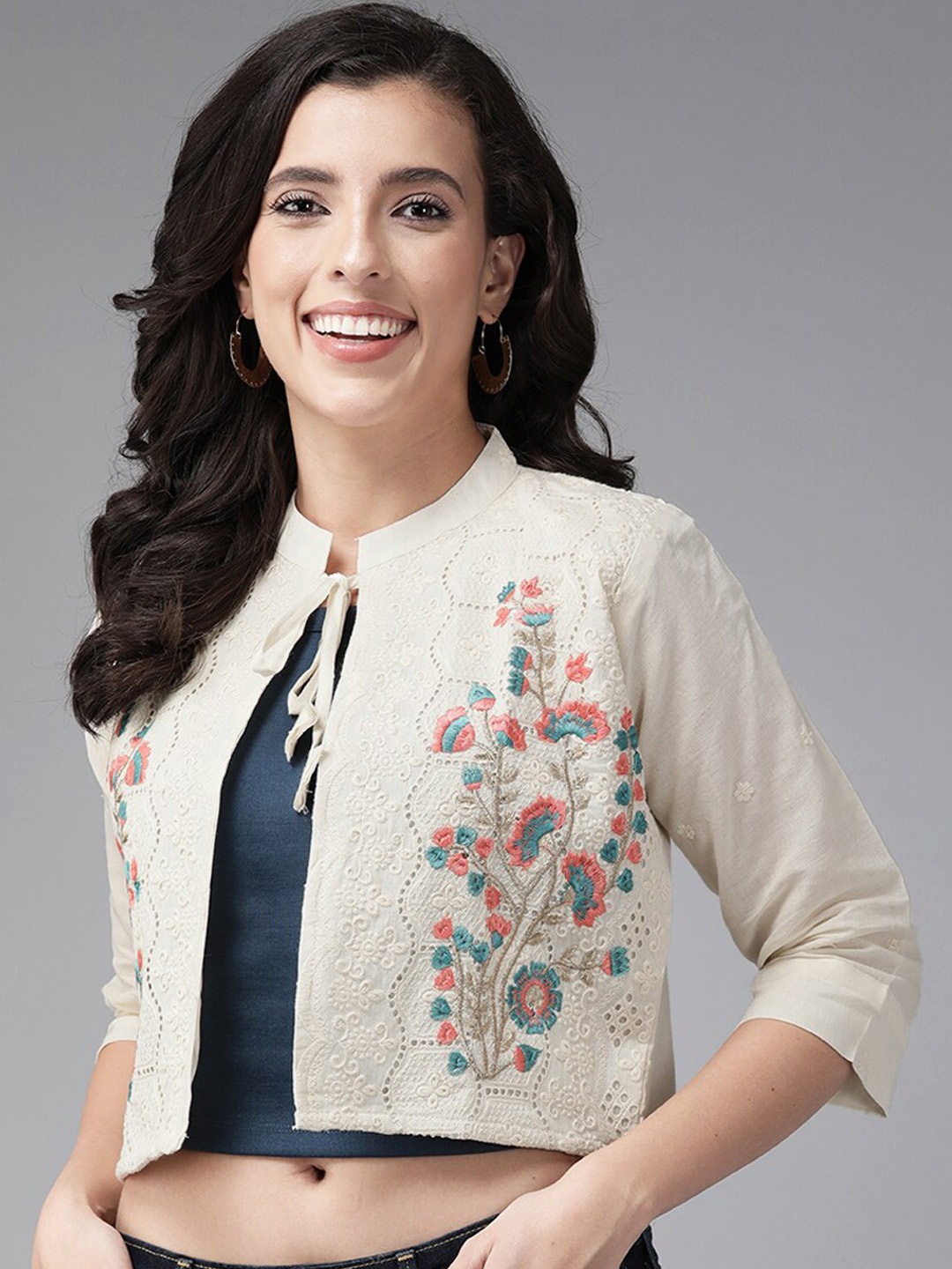 

BAESD Self Design Embroidered Cotton Crop Bomber Jacket, Cream
