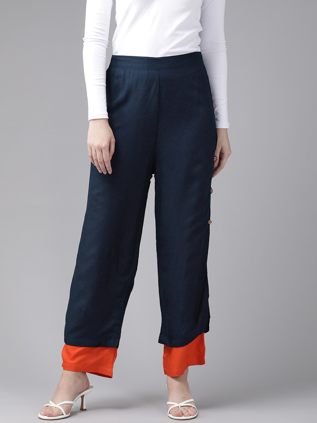 

BAESD Straight Cotton Palazzos, Navy blue