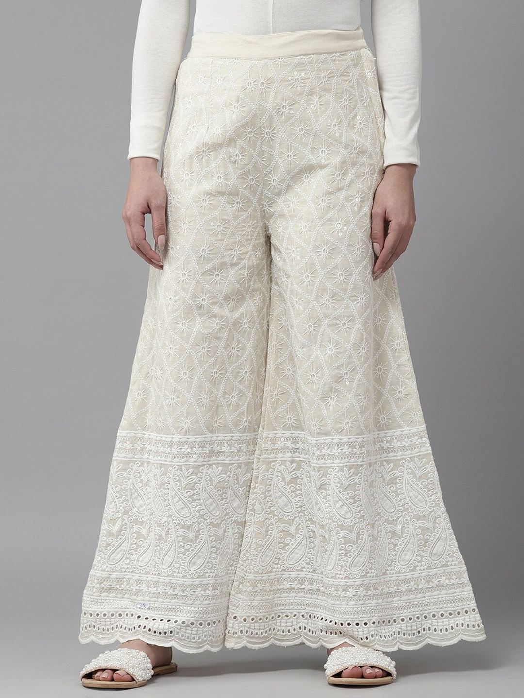 

BAESD Ethnic Motifs Embroidered Flared Palazzo, Off white