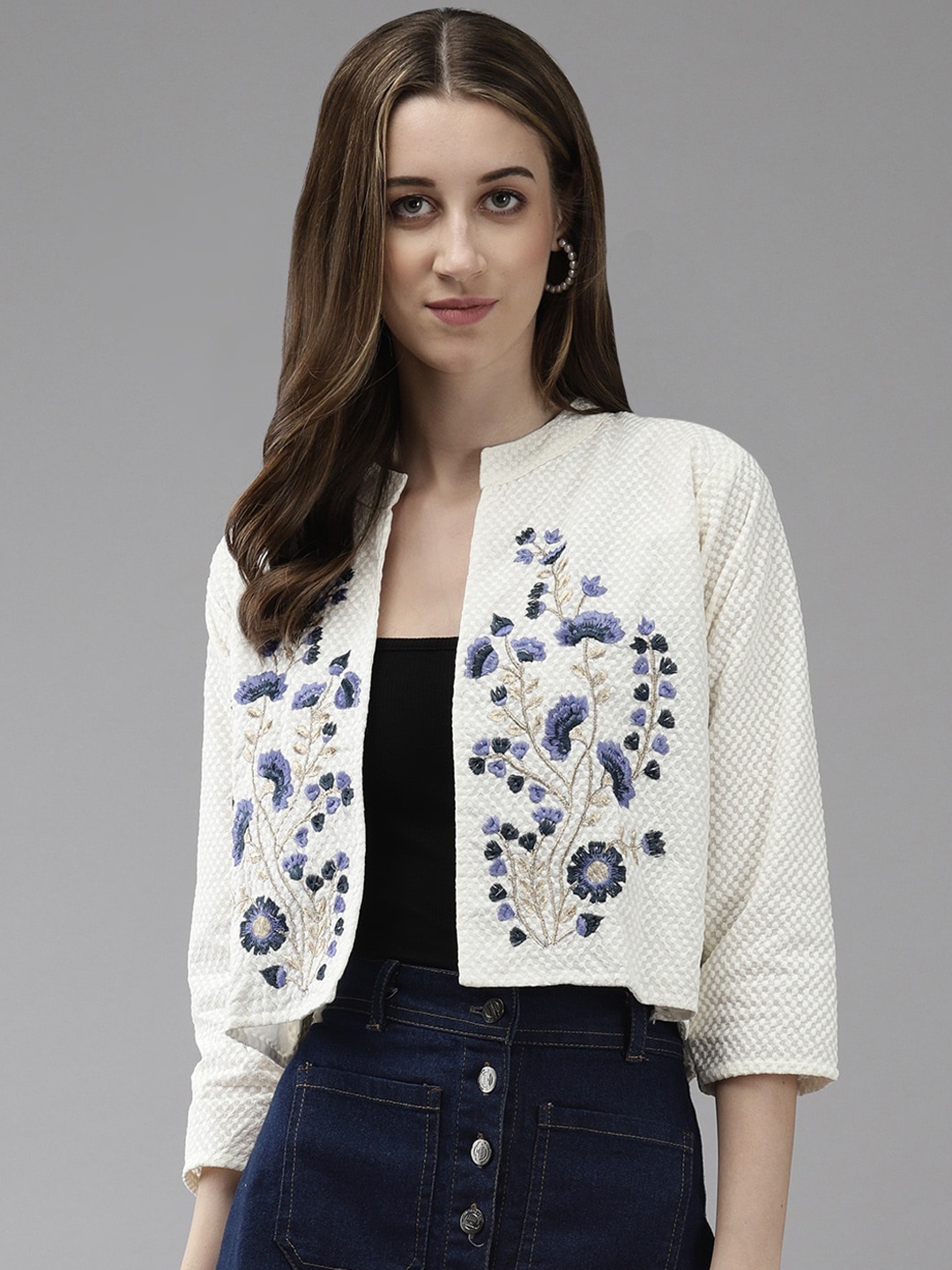 

BAESD Floral Embroidered Cotton Crop Tailored Jacket, Blue