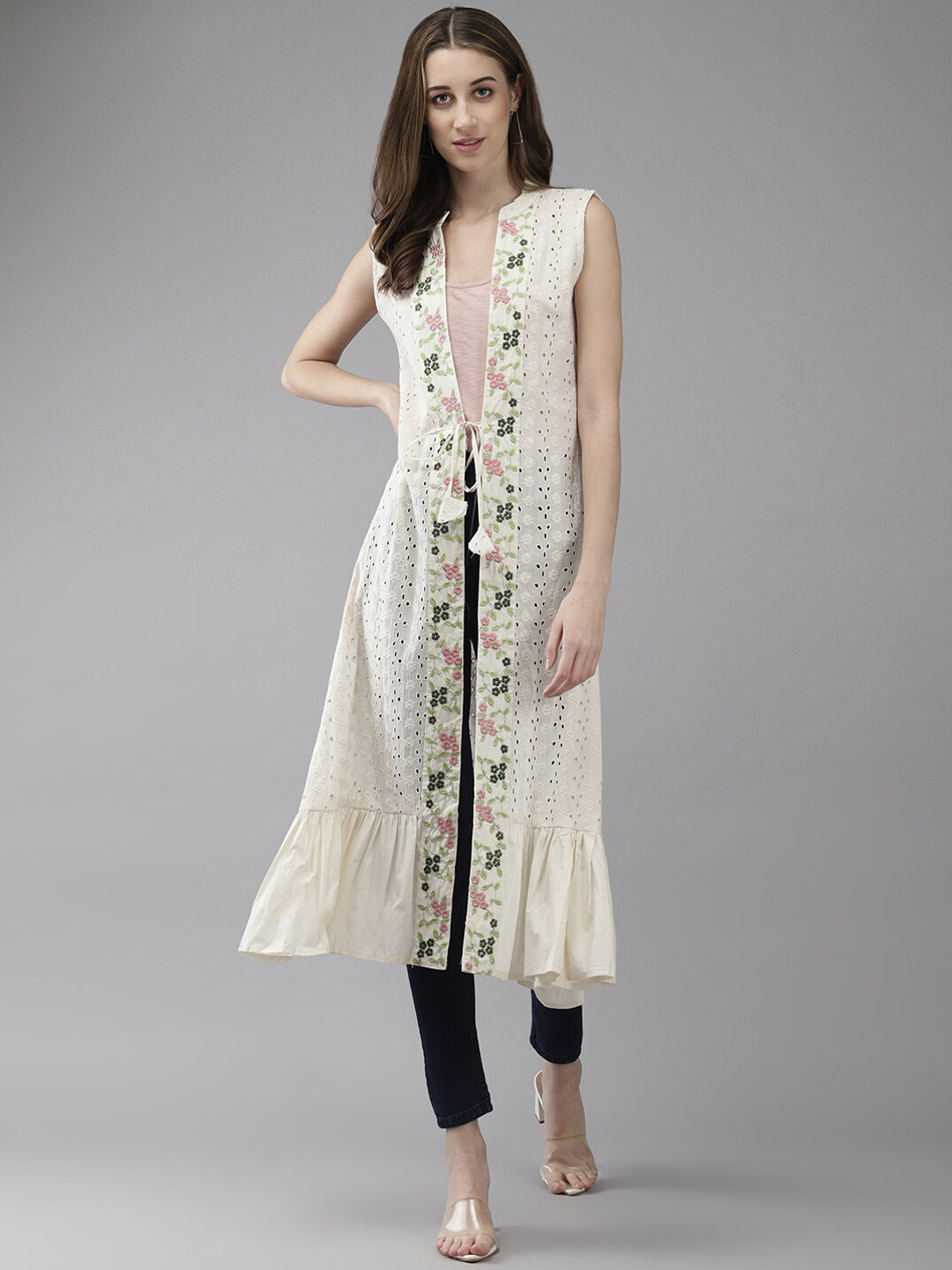 

BAESD Floral Self Design Embroidered Detailed Cotton Longline Open Front Shrug, Off white
