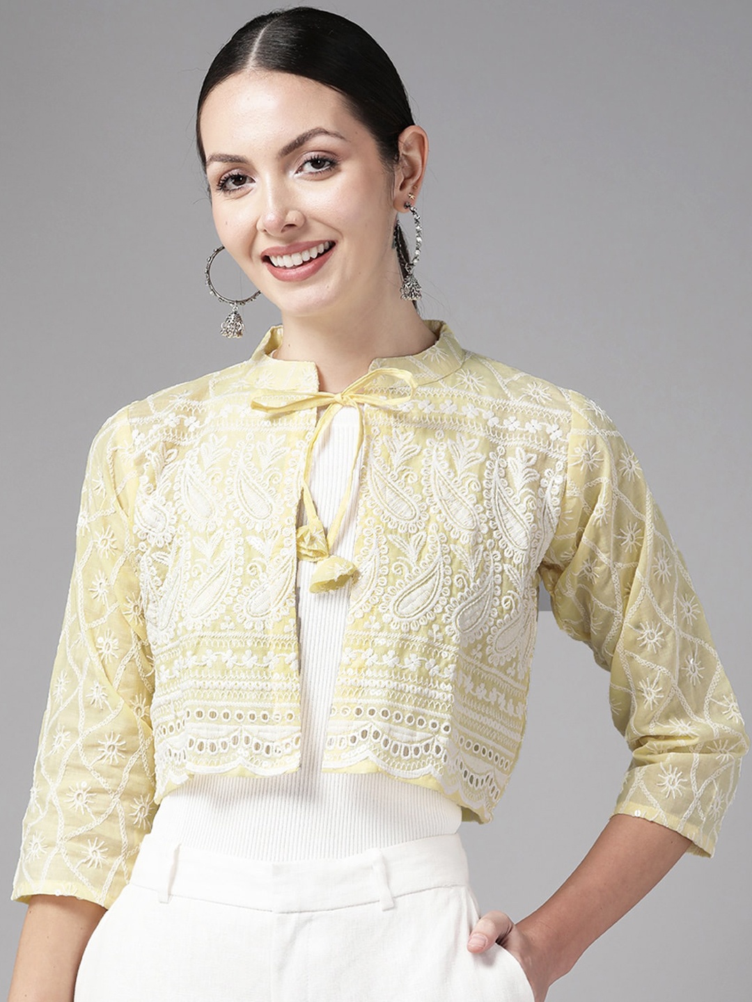

BAESD Ethnic Motifs Embroidered Cotton Crop Ethnic Jacket, Yellow