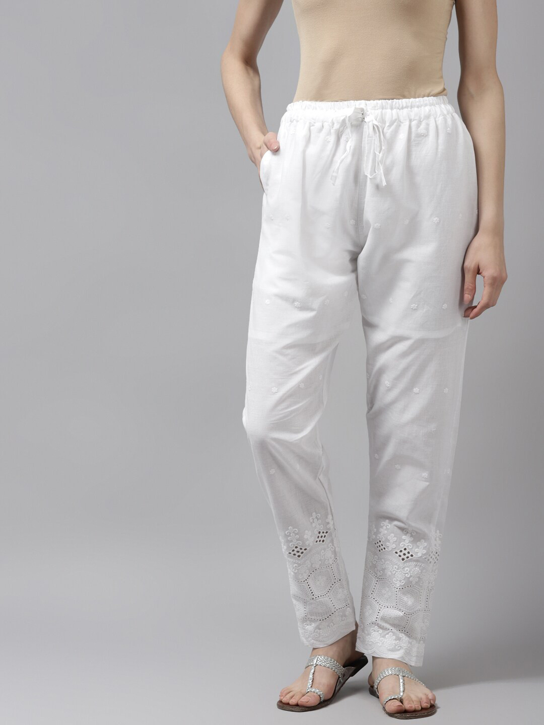 

BAESD Women Mid-Rise Floral Embroidered Cotton Trousers, White