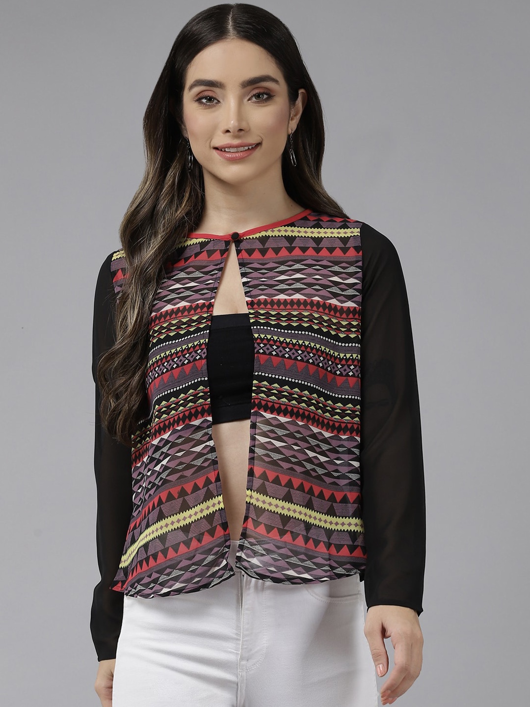 

BAESD Geometric Crop Tailored Jacket with Embroidered, Black