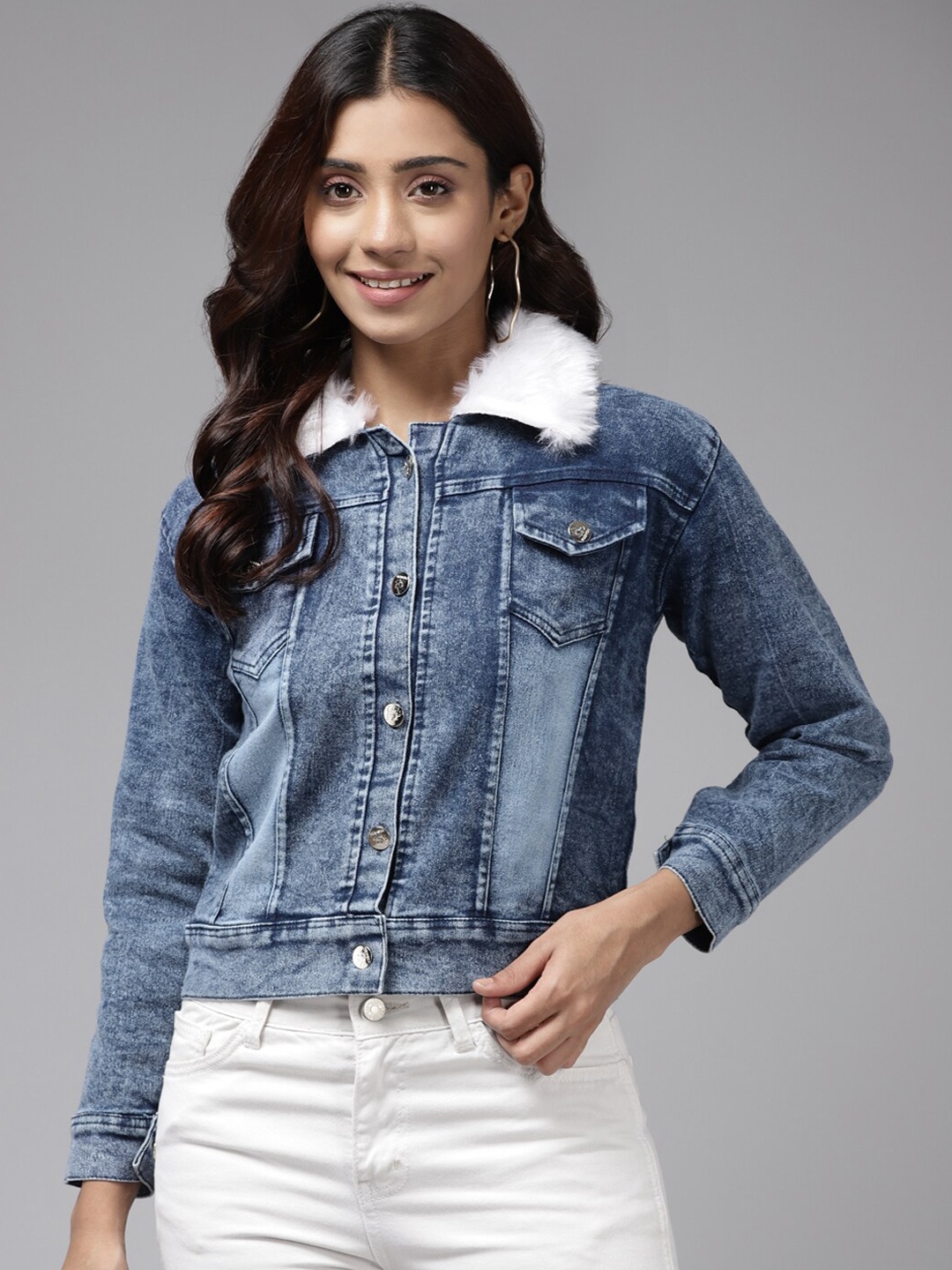 

BAESD Faux Fur Trim Washed Denim Jacket, Blue