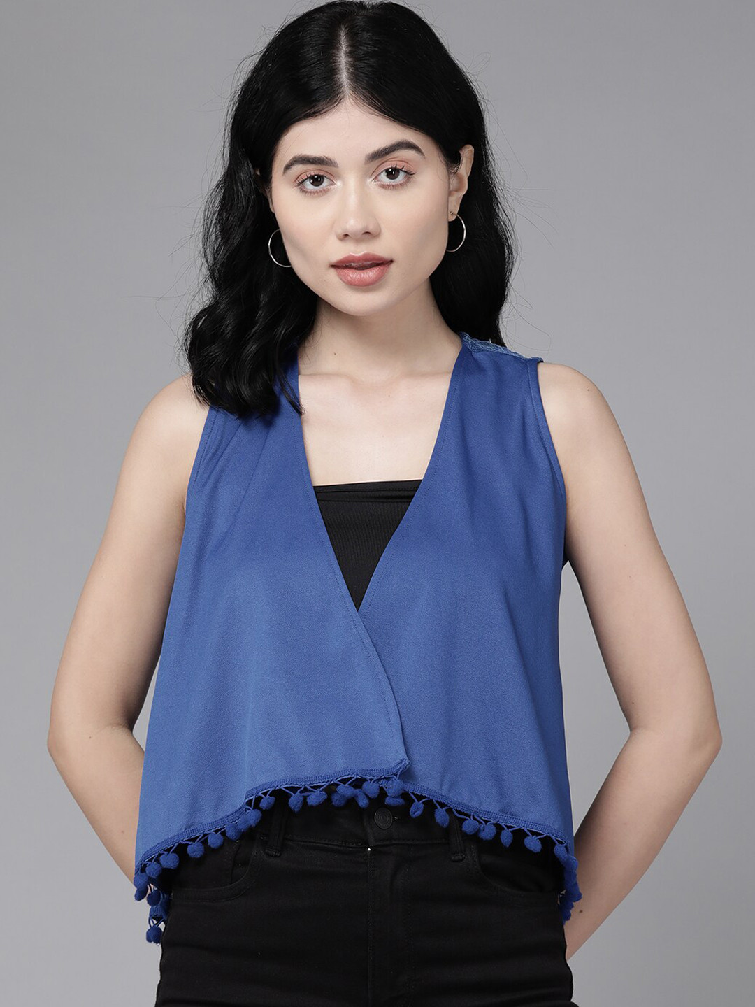 

BAESD Floral Self Design Crop Open Front Shrug, Blue