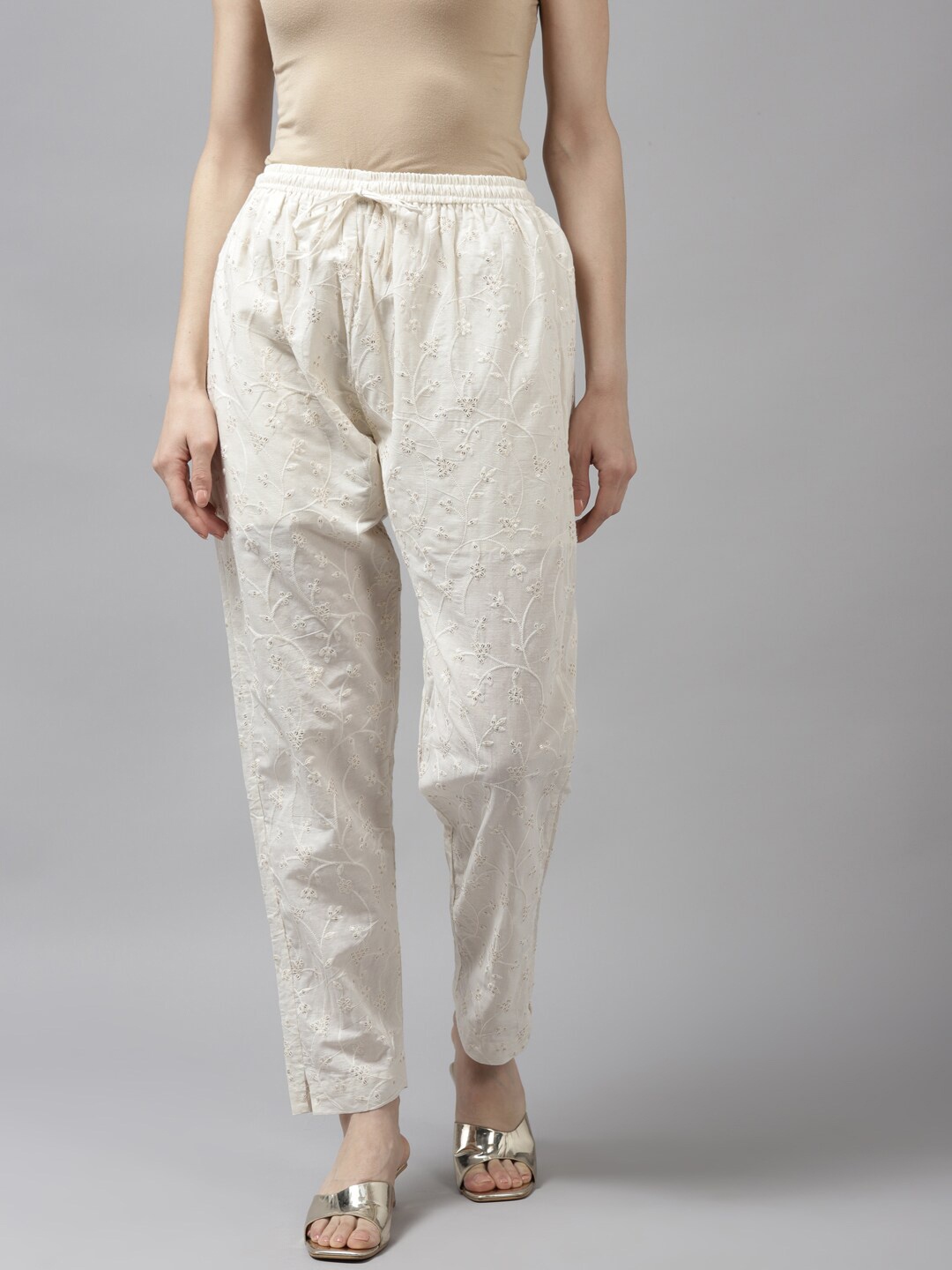 

BAESD Women Mid-Rise Floral Embroidered Cotton Trousers, Cream