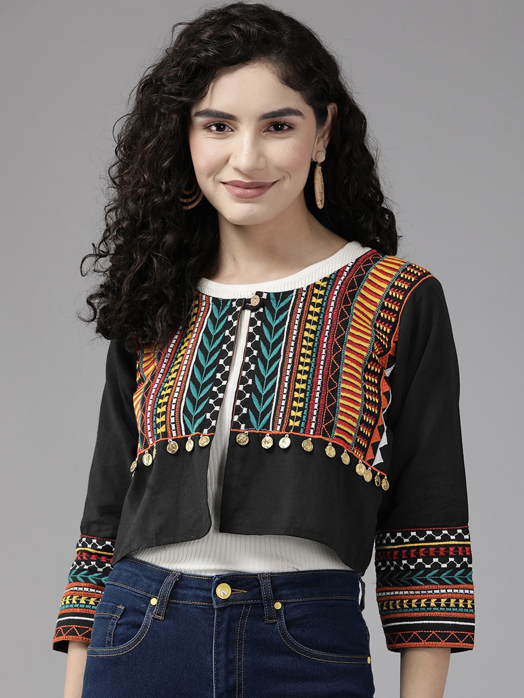 

BAESD Geometric Embroidered Cotton Crop Tailored Jacket, Black