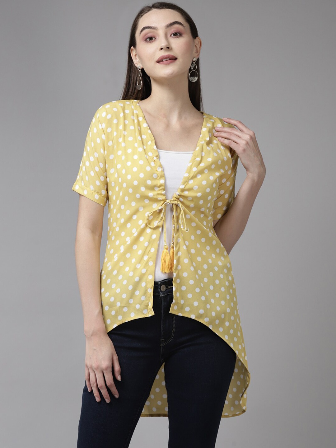 

BAESD Polka Dot Printed Cotton Longline Shrug, Yellow