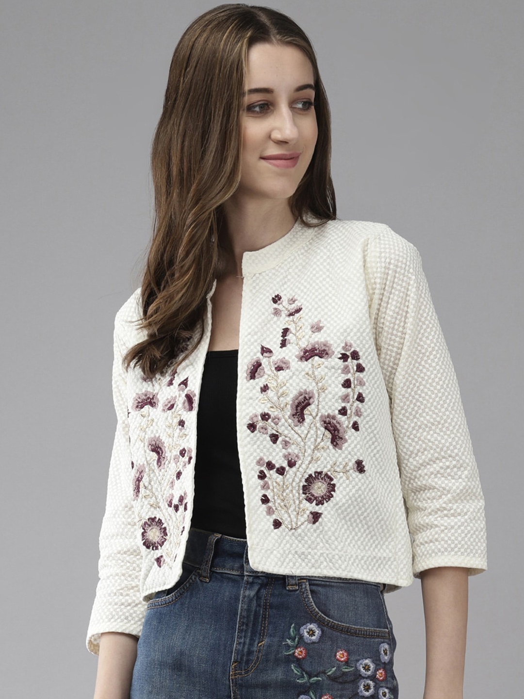 

BAESD Self Design Mandarin Collar Floral Embroidered Crop Tailored Jacket, Cream