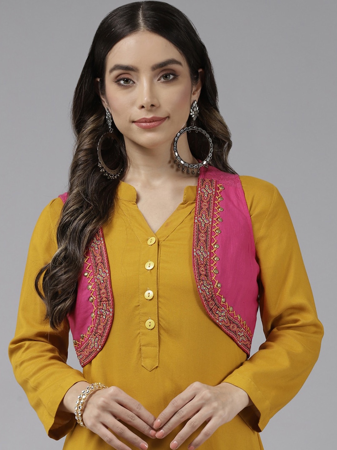 

BAESD Floral Embroidered Crop Tailored Ethnic Jacket, Pink
