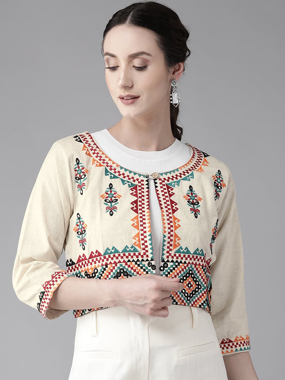 

BAESD Floral Embroidered Cotton Crop Tailored Jacket, Cream