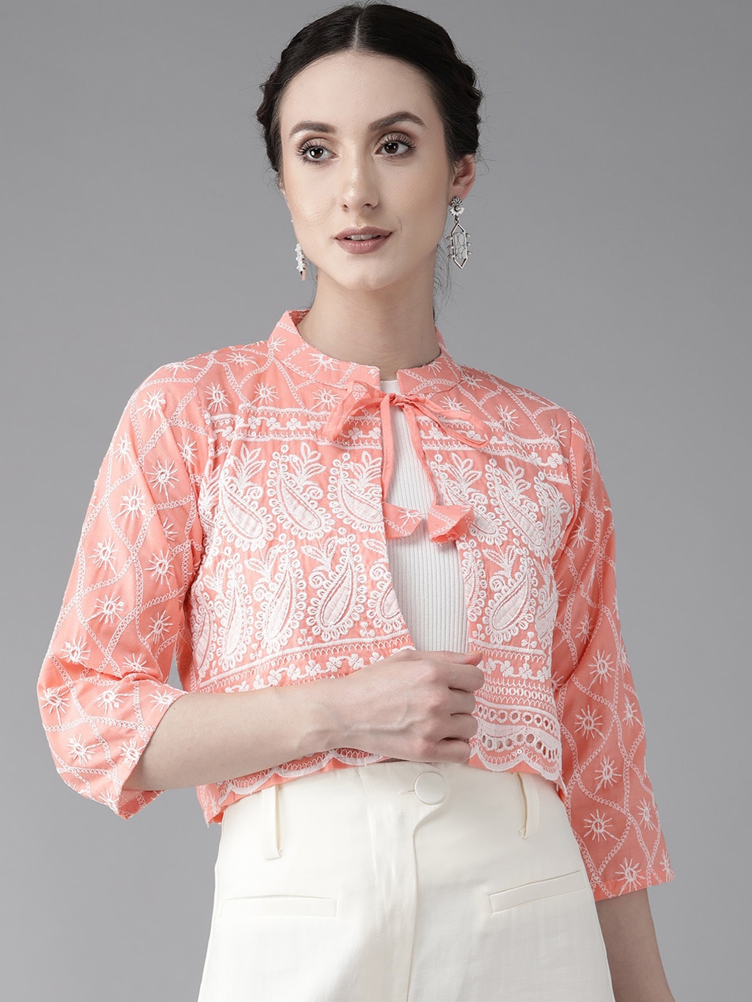

BAESD Embroidered Mandarin Collar Crop Shurg, Peach
