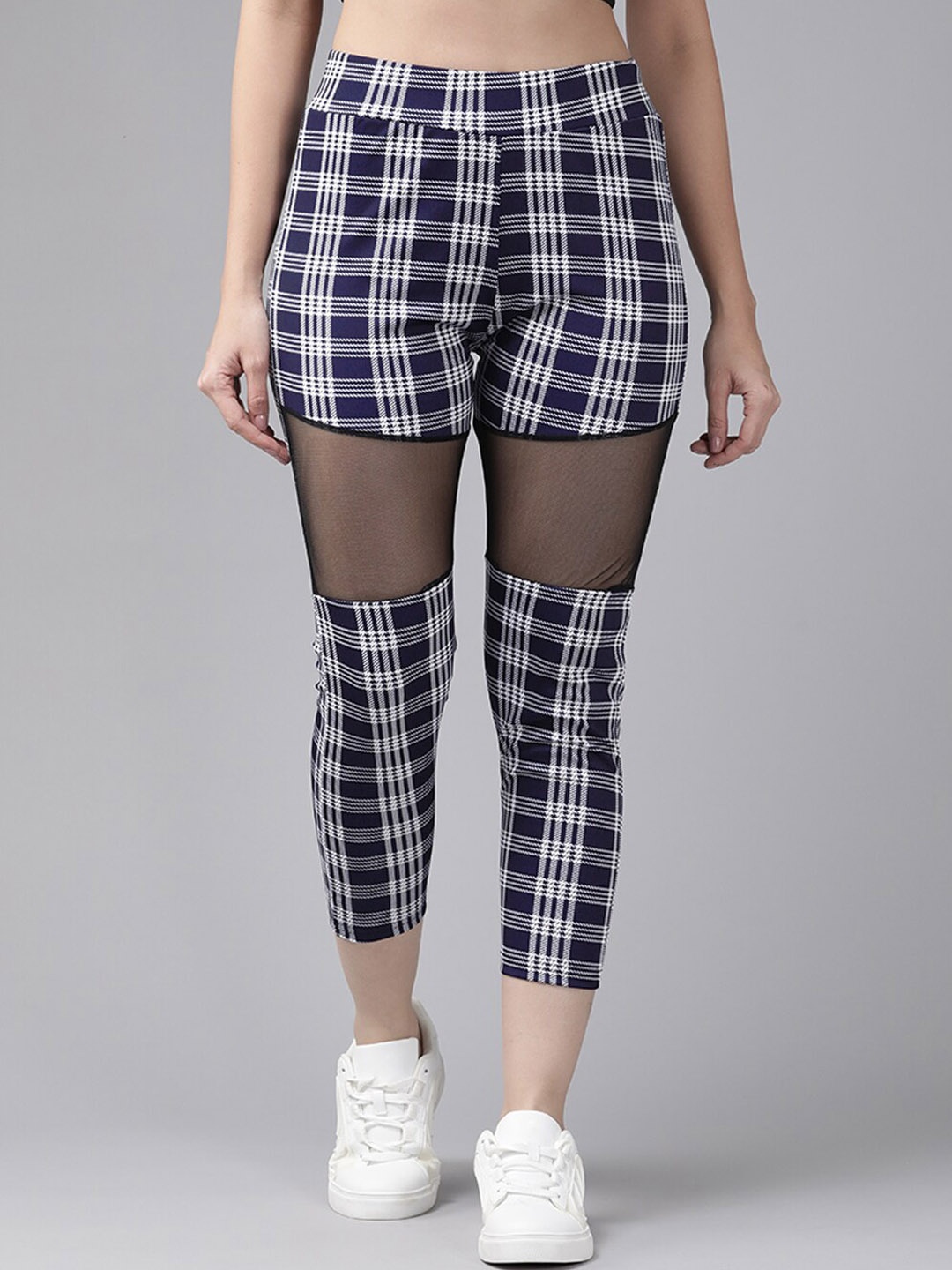 

BAESD Women Checked Ankle-Length Tights, Navy blue