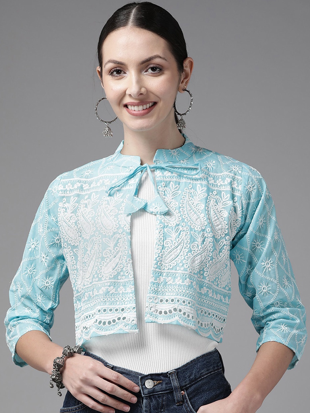 BAESD Floral Crop Tailored Jacket, Turquoise blue
