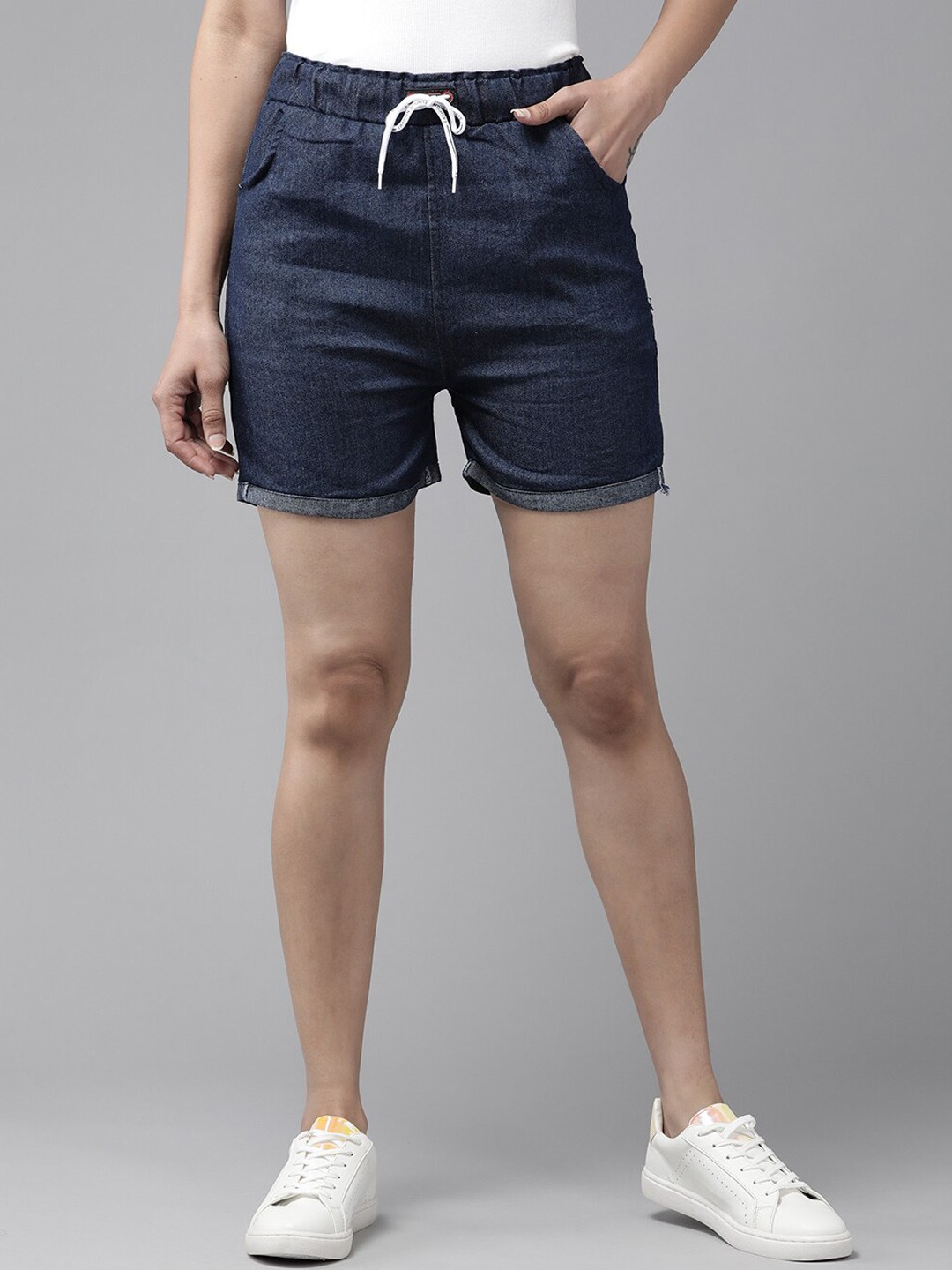 

BAESD Women High-Rise Cotton Denim Shorts, Navy blue