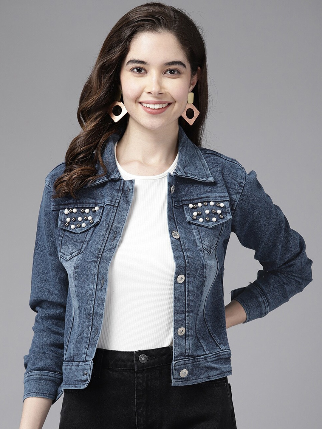 

BAESD Studded Detailed Washed Crop Denim Jacket, Navy blue