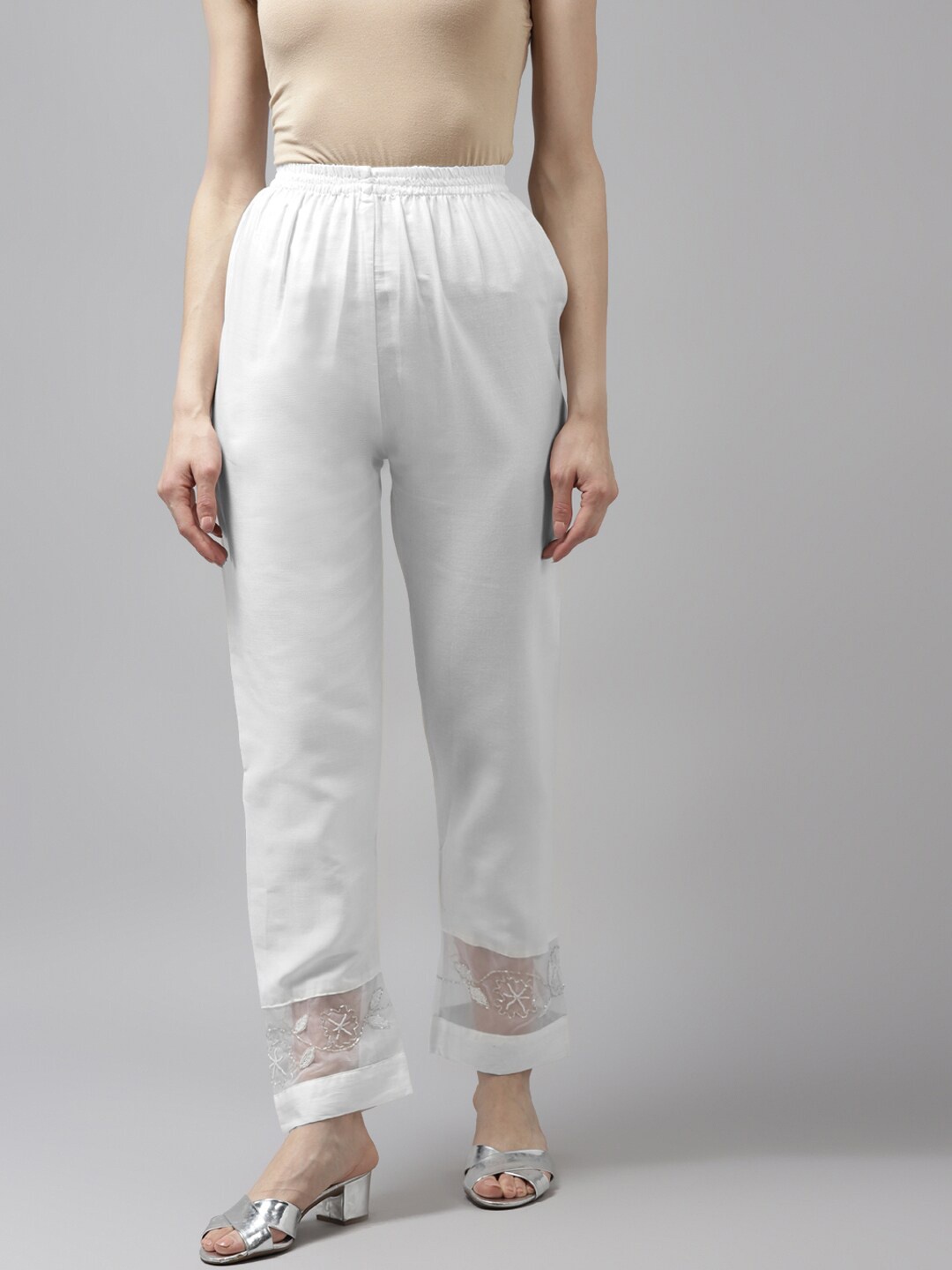 

BAESD Women Embroidered Cotton Trousers, Cream