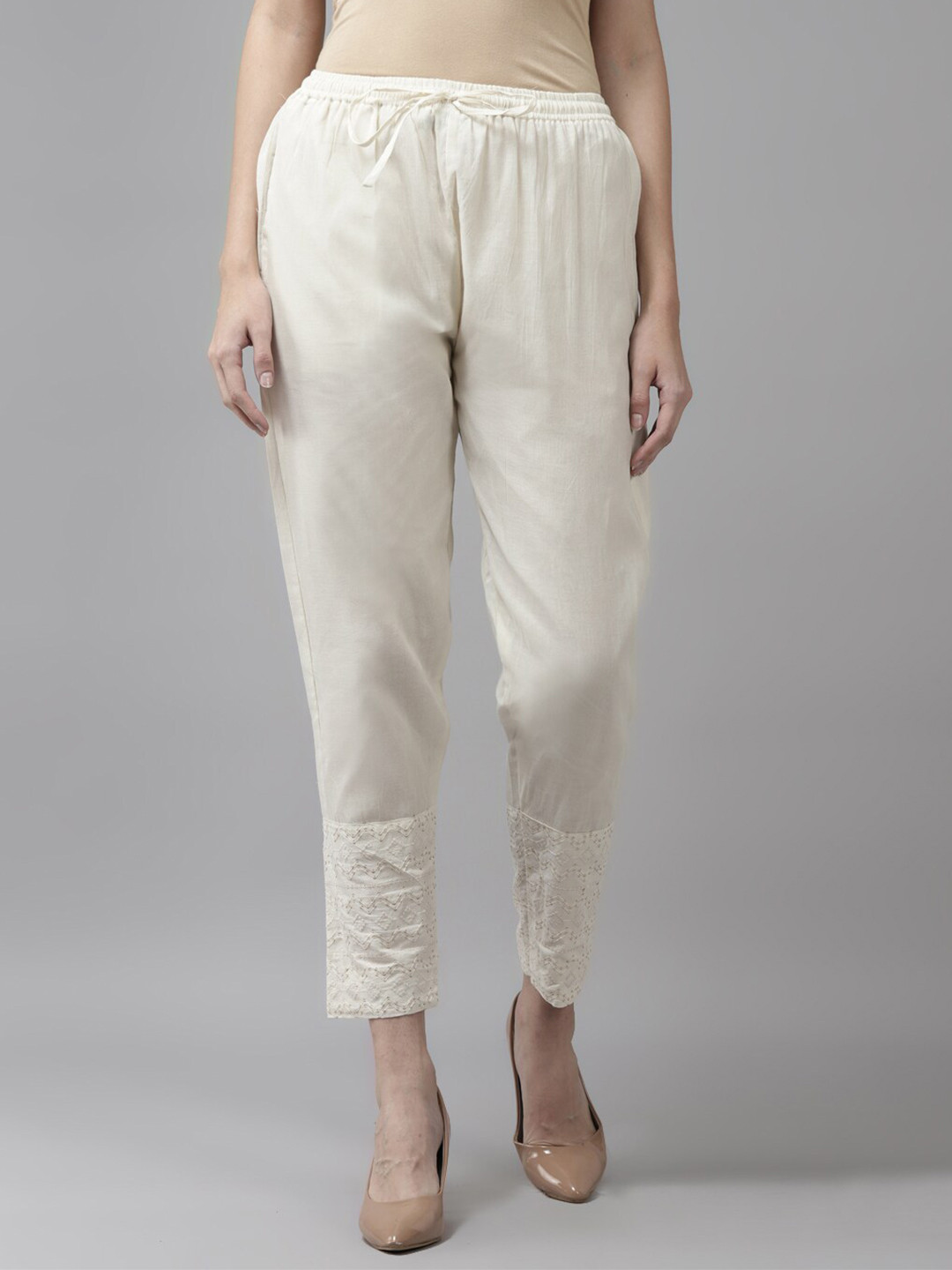 

BAESD Women Embroidered Cotton Trousers, Cream