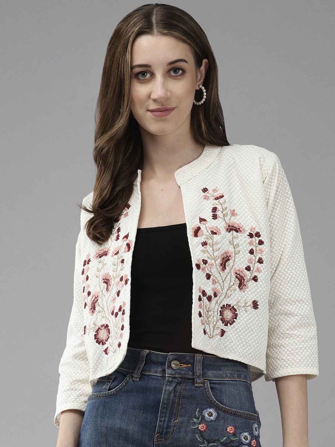 

BAESD Checked Embroidered Detailed Cotton Crop Open Front Jacket, Off white