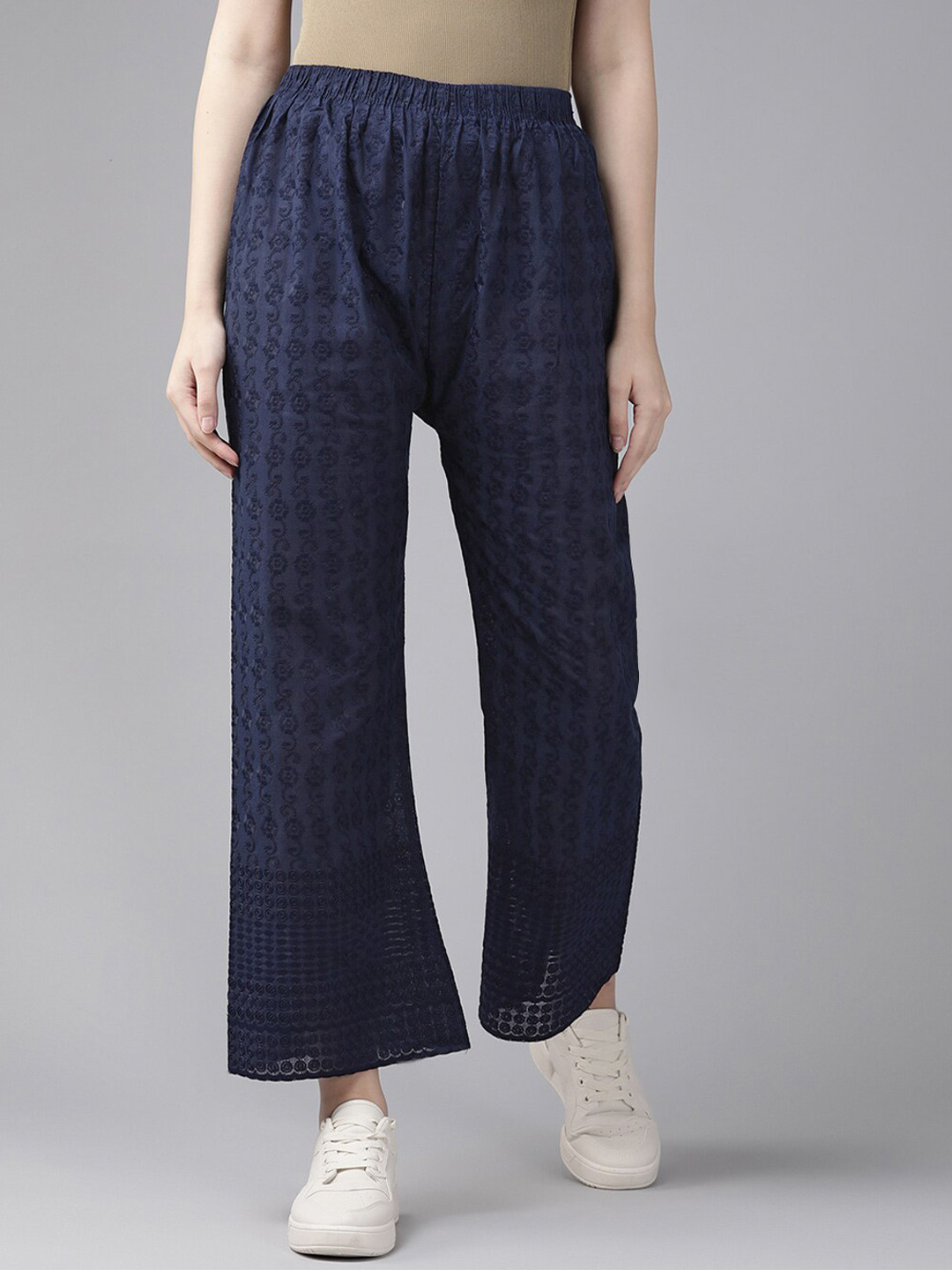 

BAESD Women Floral Embroidered Straight Palazzos, Navy blue