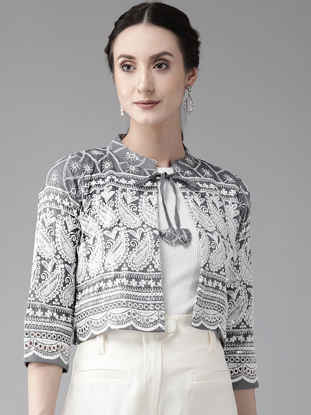 

BAESD Embroidered Cotton Crop Shrug, Grey