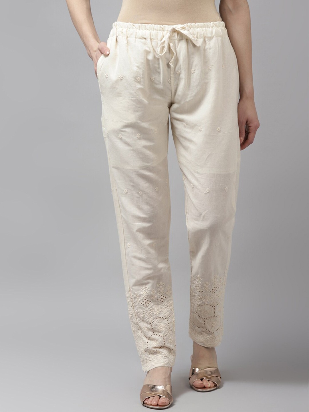 

BAESD Women Floral Embroidered Border Smart Easy Wash Cotton Trouser, Cream