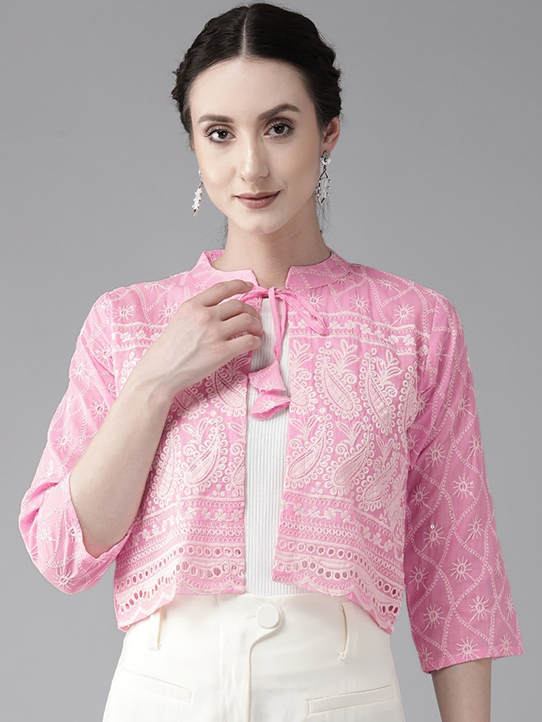 

BAESD Floral Embroidered Cotton Crop Shrug, Pink