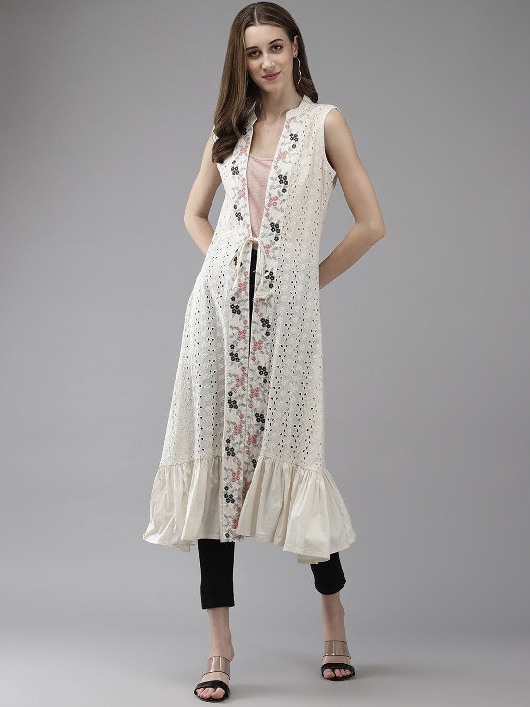

BAESD Self Design Floral Embroidered Ruffles Cotton Longline Open Front Shrug, Black