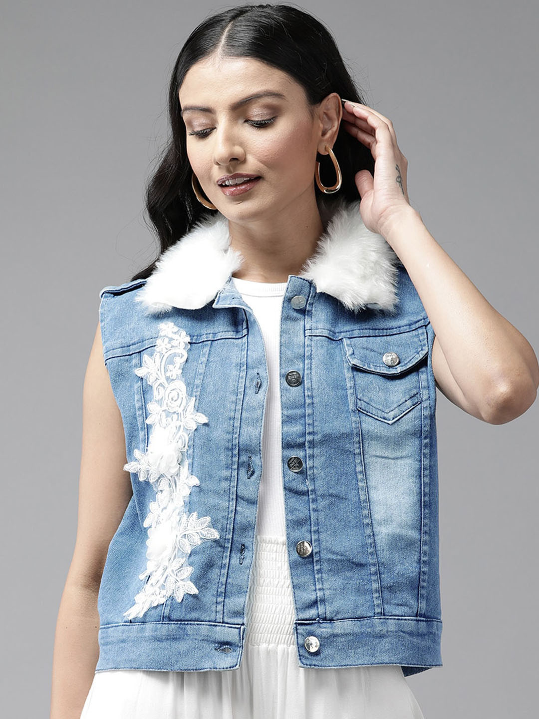 

BAESD Washed Spread Collar Cotton Crop Denim Jacket, Blue