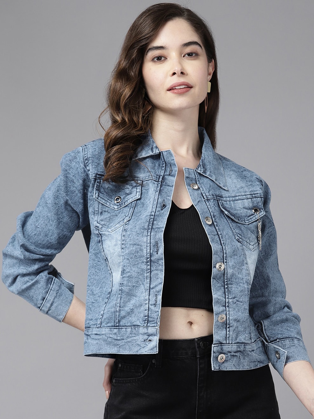 

BAESD Spread Collar Washed Crop Denim Jacket, Blue