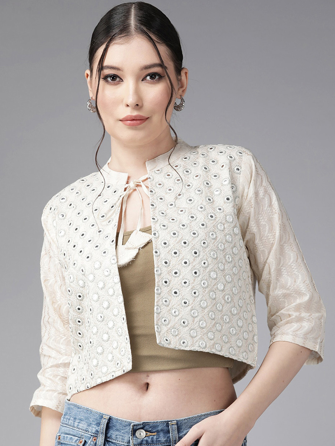 

BAESD Self Designed Cotton Crop Ethnic Jacket, Cream