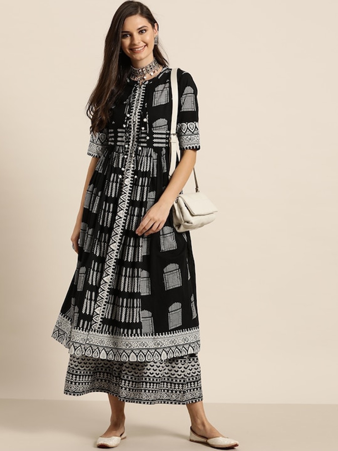 

KALINI Ethnic Motifs Printed Regular Pure Cotton Kurta with Palazzos, Black