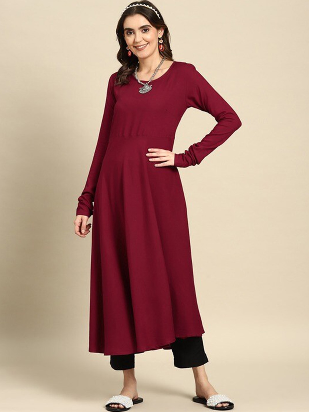 

KALINI Round Neck Anarkali Kurta, Maroon