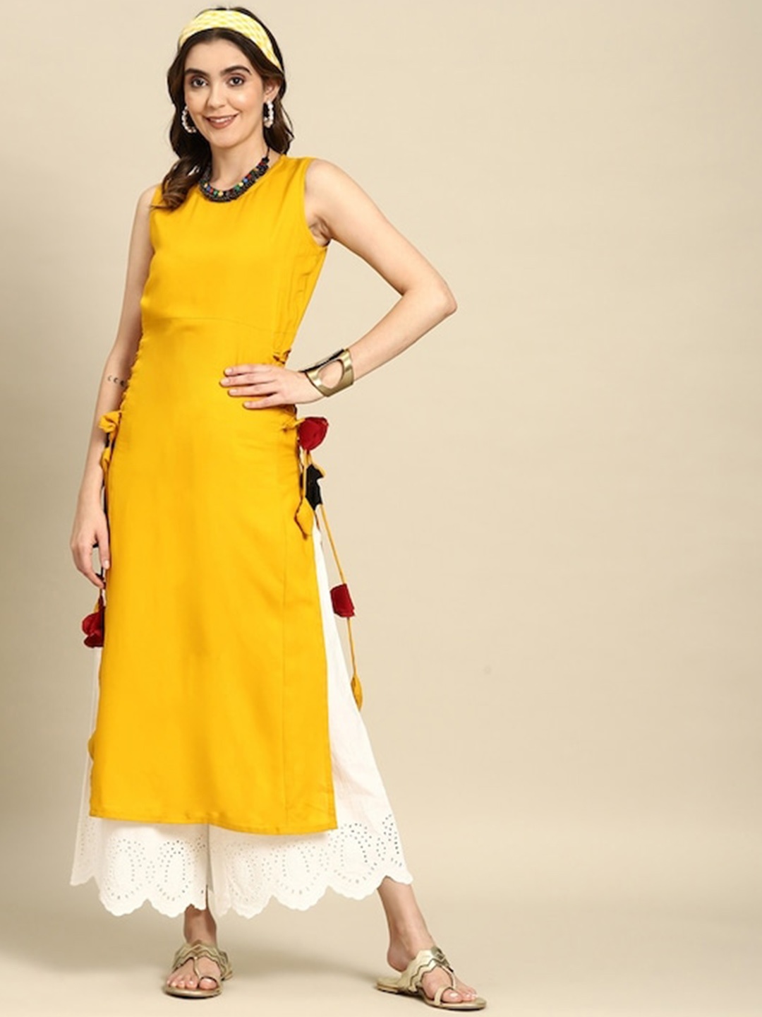 

KALINI Round Neck Sleeveless Straight Kurta, Yellow