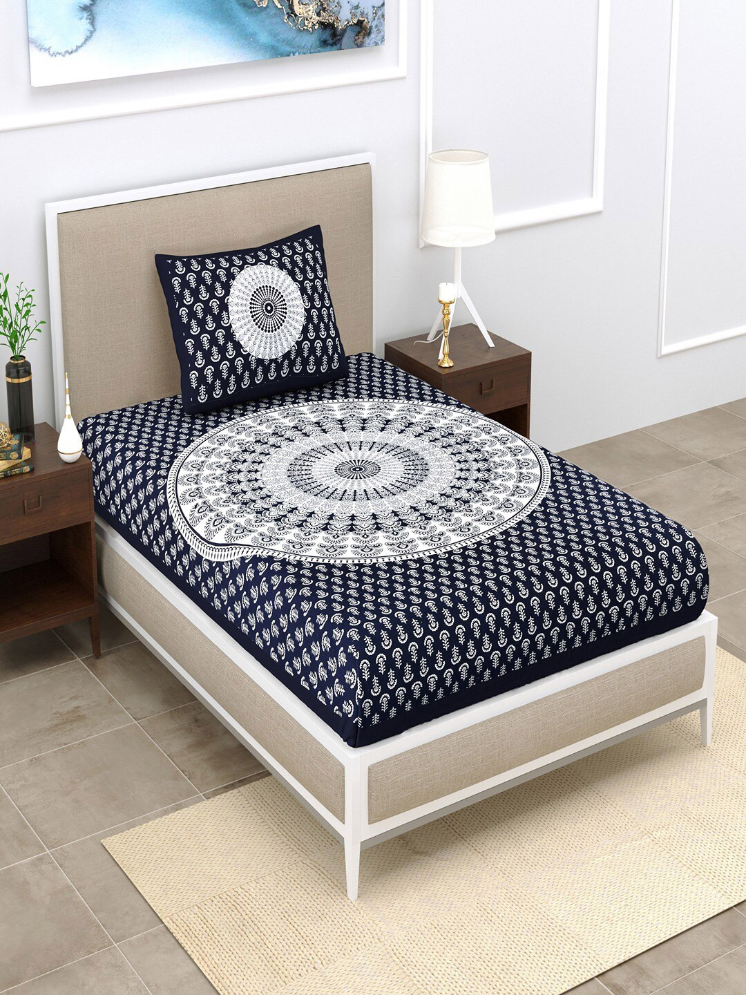 

UNIQCHOICE Blue & White Printed Cotton 120 TC Single Bedsheet with 1 Pillow Covers