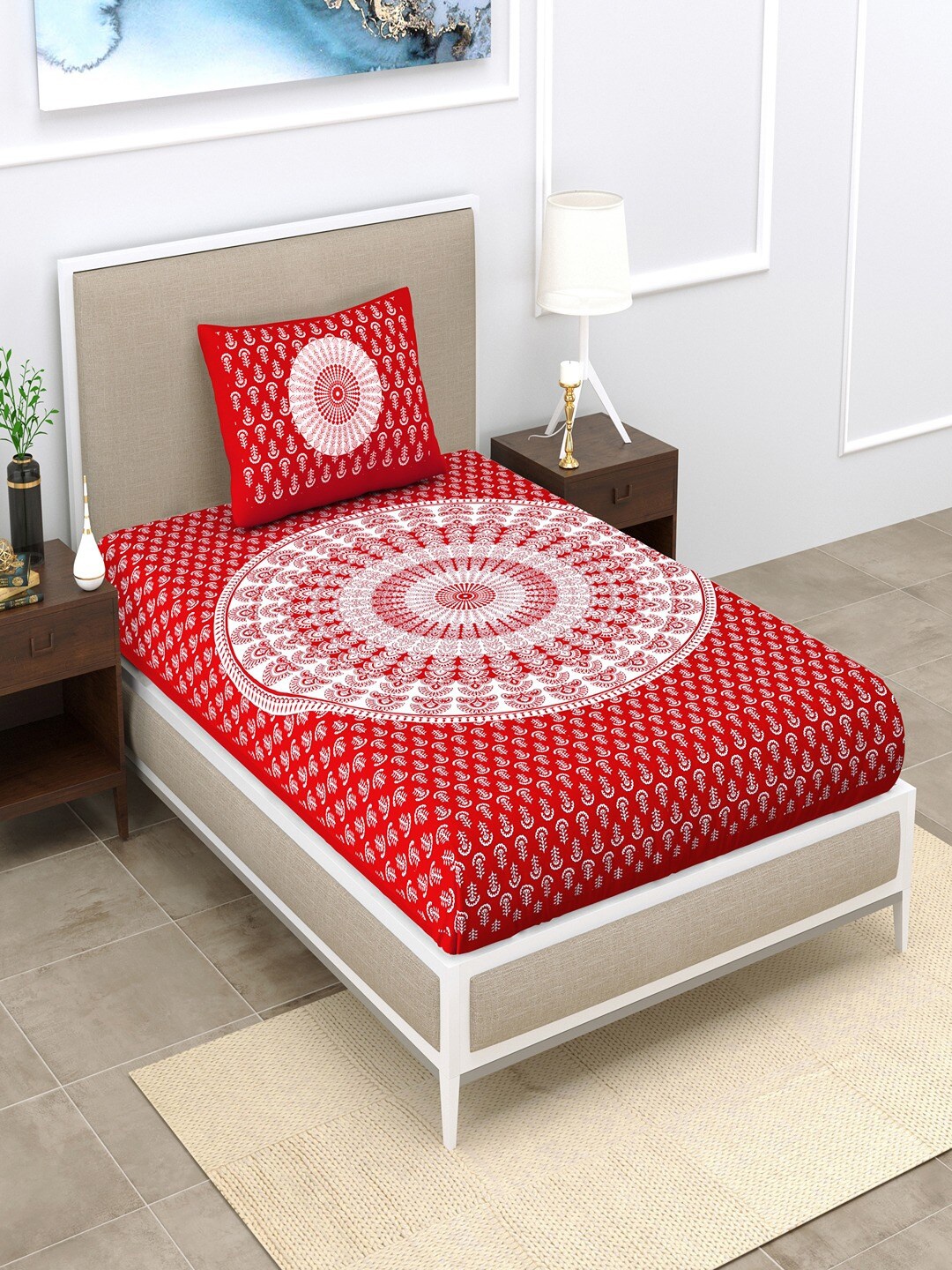 

UNIQCHOICE Red & White Printed Cotton 120 TC Single Bedsheet with 1 Pillow Covers